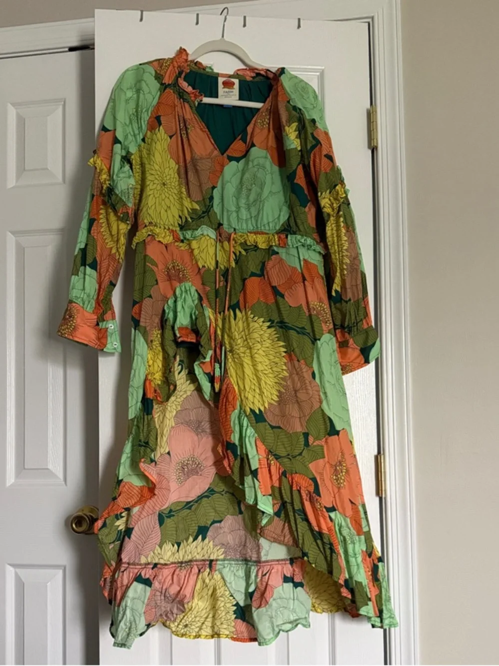 Vibrant Floral Ruffled V-Neck Maxi Dress - Green, Orange, Yellow Anthropologie - Picture 1 of 3